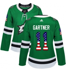 Women's Adidas Dallas Stars #11 Mike Gartner Authentic Green USA Flag Fashion NHL Jersey