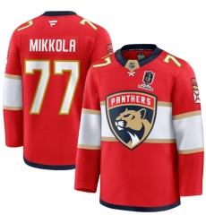 Men's Florida Panthers #77 Niko Mikkola Red Home 2025 Stanley Cup Champions Stitched Jersey