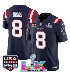 Men's New England Patriots #8 Stefon Diggs Navy 2025 F.U.S.E. Super Bowl LX And USA 250 Vapor Limited Football Stitched Jersey