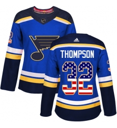 Women's Adidas St. Louis Blues #32 Tage Thompson Authentic Blue USA Flag Fashion NHL Jersey