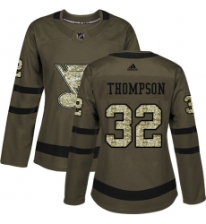 Women's Adidas St. Louis Blues #32 Tage Thompson Authentic Green Salute to Service NHL Jersey