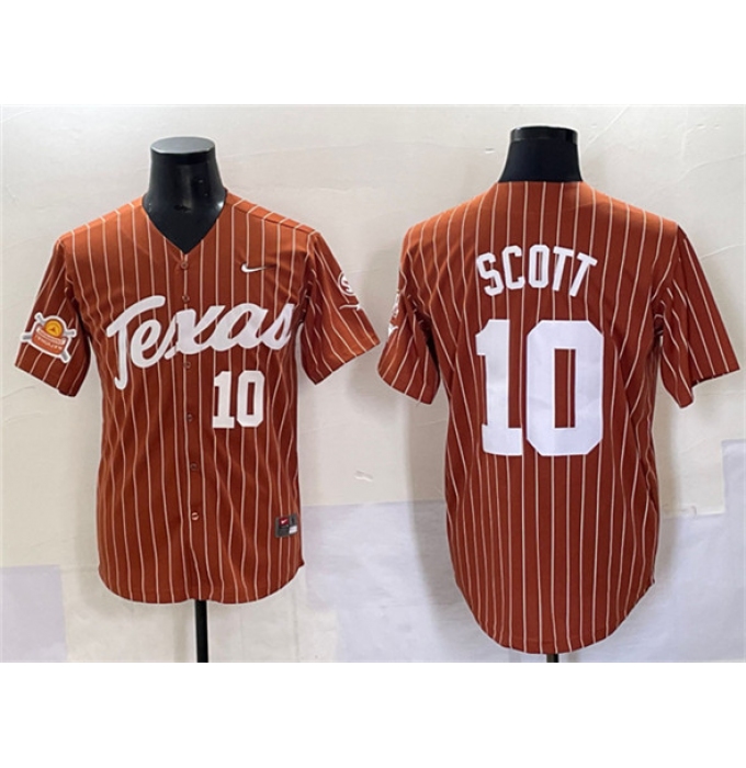 Men's Texas Longhorns #10 Mia Scott Orange Pinstripe 2025 Softball National Champions & SEC Patch Stitched Jersey
