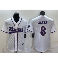 Men's Baltimore Ravens #8 Lamar Jackson White With Patch Cool Base Stitched Baseball Jersey Men's Baltimore Ravens #8 Lamar Jackson White With Patch Cool Base Stitched Baseball Jersey