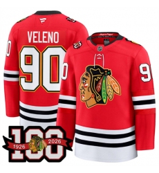 Men's Chicago Blackhawks #90 Joe Veleno Red 2025 Home 100th Anniversary Stitched Hockey Jersey