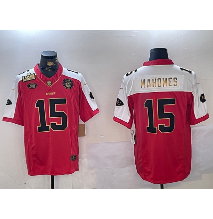 Men's Kansas City Chiefs #15 Patrick Mahomes Red With Gold Super Bowl LVIII Patch Limited Stitched Football Jersey