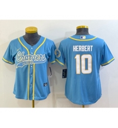 Women's Los Angeles Chargers #10 Justin Herbert Blue With Patch Cool Base Stitched Baseball Jersey