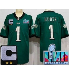 Women's Philadelphia Eagles #1 Jalen Hurts Limited Green C Patch Super Bowl LVII Vapor Jersey