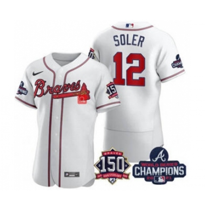 Men's Atlanta Braves #12 Jorge Soler 2021 White World Series Champions With 150th Anniversary Flex Base Stitched Jersey