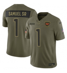 Men's Washington Commanders #1 Deebo Samuel Sr. Olive 2025 Salute to Service Limited Football Stitched Jersey