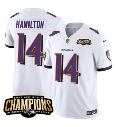 Men's Baltimore Ravens #14 Kyle Hamilton White 2023 F.U.S.E. AFC North Champions Vapor Limited Football Stitched Jersey Men's Baltimore Ravens #14 Kyle Hamilton White 2023 F.U.S.E. AFC North Champions Vapor Limited Football Stitched Jersey