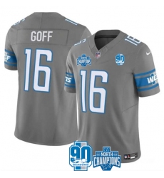 Men's Detroit Lions #16 Jared Goff Gray 2023 90th Anniversary North Division Champions Limited Stitched Jersey Men's Detroit Lions #16 Jared Goff Gray 2023 90th Anniversary North Division Champions Limited Stitched Jersey