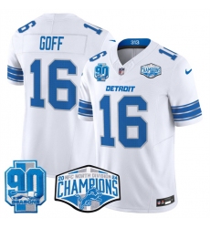 Men's Detroit Lions #16 Jared Goff White 2024 NFC North Champions 90th Anniversary F.U.S.E. Vapor Limited Stitched Jersey Men's Detroit Lions #16 Jared Goff White 2024 NFC North Champions 90th Anniversary F.U.S.E. Vapor Limited Stitched Jersey