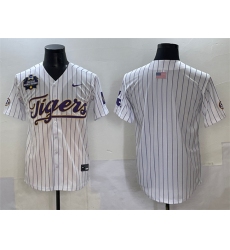Men's LSU Tigers Blank White Pinstripe 2025 World Series & SEC Patch Stitched Baseball Jersey