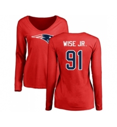 Football Women's New England Patriots #91 Deatrich Wise Jr Red Name & Number Logo Slim Fit Long Sleeve T-Shirt