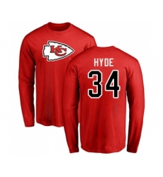 Football Kansas City Chiefs #34 Carlos Hyde Red Name & Number Logo Long Sleeve T-Shirt