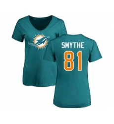 Football Women's Miami Dolphins #81 Durham Smythe Aqua Green Name & Number Logo T-Shirt