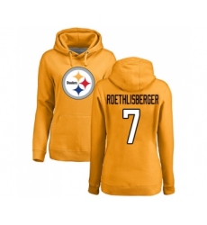 Football Women's Pittsburgh Steelers #7 Ben Roethlisberger Gold Name & Number Logo Pullover Hoodie