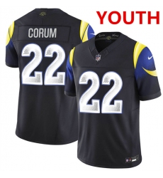 Youth los angeles rams #22 blake corum midnight blue 2025 f.u.s.e. “rivalries” vapor limited stitched football jersey