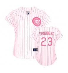 Women's Majestic Chicago Cubs #23 Ryne Sandberg Replica White/Pink Strip Fashion MLB Jersey