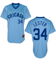 Men's Majestic Chicago Cubs #34 Jon Lester Replica Blue/White Strip Cooperstown Throwback MLB Jersey
