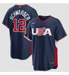 Men's USA Baseball #12 Kyle Schwarber Navy 2026 World Baseball Classic Road Stadium Stitched Jersey