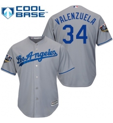 Youth Majestic Los Angeles Dodgers #34 Fernando Valenzuela Authentic Grey Road Cool Base 2018 World Series MLB Jersey