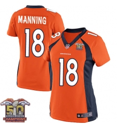 Women's Nike Denver Broncos #18 Peyton Manning Elite Orange Team Color Super Bowl 50 Champions NFL Jersey