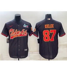 Men's Kansas City Chiefs #87 Travis Kelce Black With Super Bowl LVII Patch Cool Base Stitched Baseball Jersey