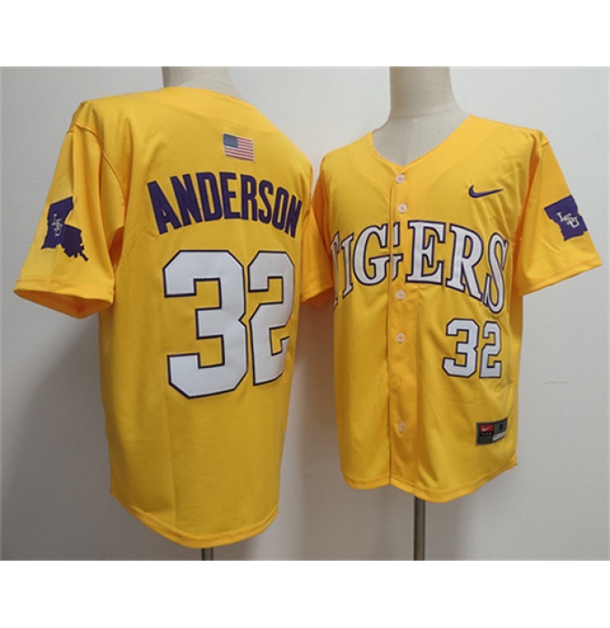 Men's LSU Tigers #32 Kade Anderson Gold 2025 Stitched Baseball Jersey
