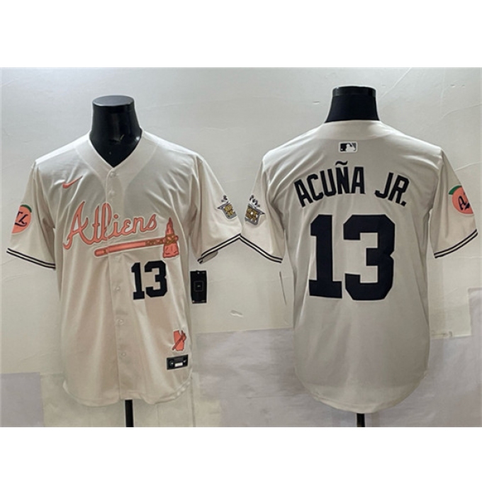 Men's Atlanta Braves #13 Ronald Acuna Jr. Cream 2024 Atliens & Peach With Outkast Vapor Limited Stitched Baseball Jersey