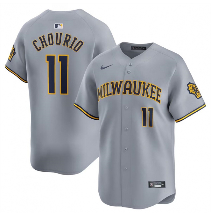 Men's Milwaukee Brewers #11 Jackson Chourio Grey 2024 Away Limited Stitched Baseball Jersey