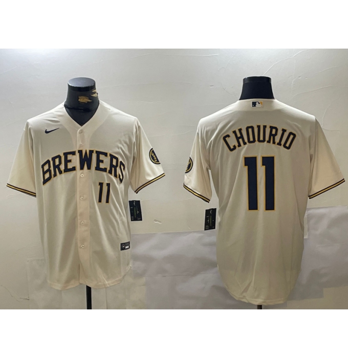 Men's Milwaukee Brewers #11 Jackson Chourio Number Cream Stitched Cool Base Nike Jersey