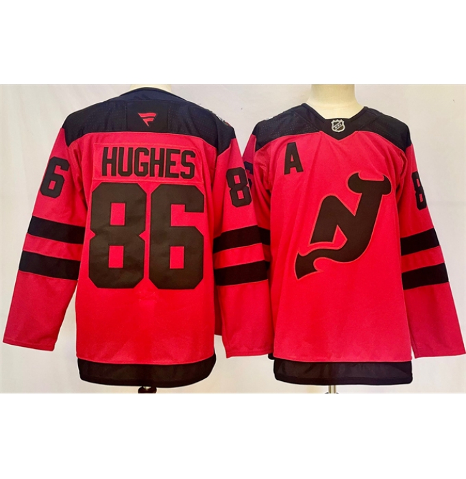 Men's New Jersey Devils #86 Jack Hughes Red 2024-25 With A Stitched Hockey Jersey