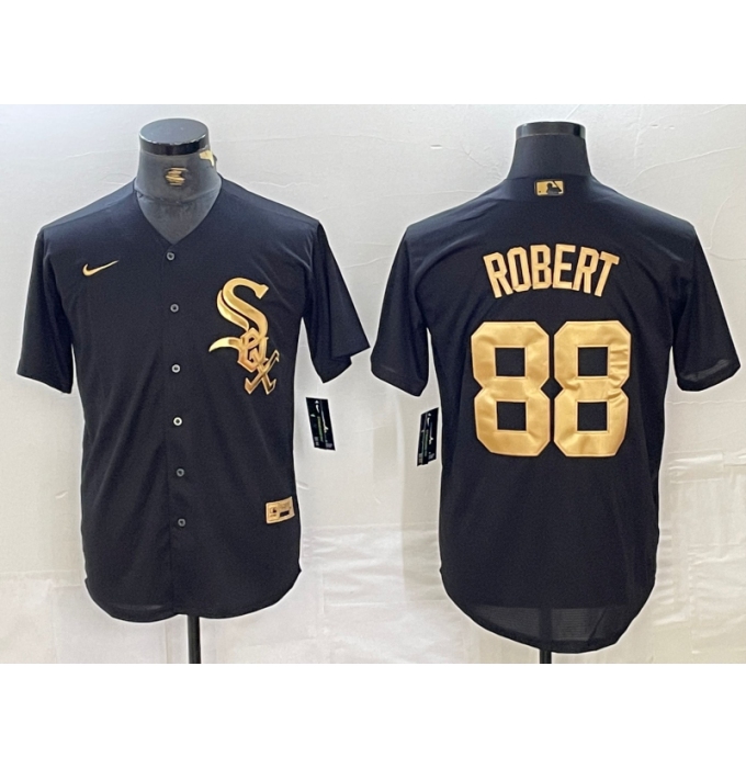 Men's Chicago White Sox #88 Luis Robert Black Gold Cool Base Stitched Baseball Jersey