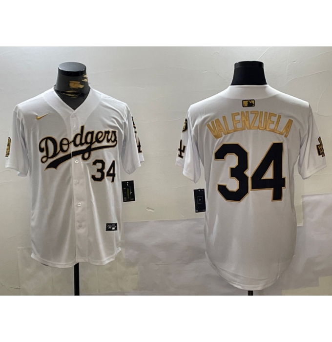 Men's Los Angeles Dodgers #34 Toro Valenzuela White Gold 2024 World Series With Fernando Memorial Limited Stitched Baseball Jerseys