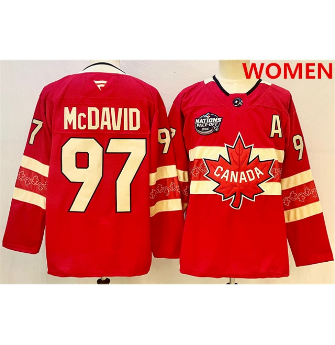 Women's Canada #97 Connor McDavid Red 2025 4 Nations Face-Off Premium With A Stitched Jersey